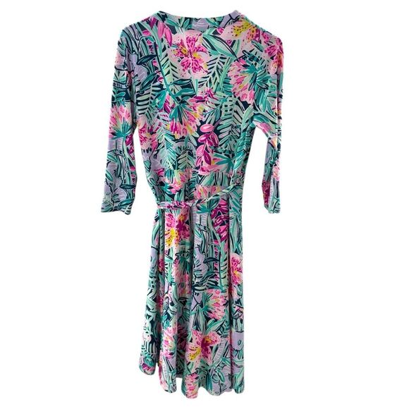 Lilly Pulitzer M Rosaline Wrap‎ Dress Tropical Floral Aqua Purple Asymmetrical - Picture 8 of 10
